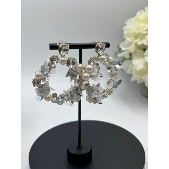 J. Crew White Pearl, Crystal, Sequin Hoop Statement DoorKnocker Earrings Bridal - Picture 5 of 12